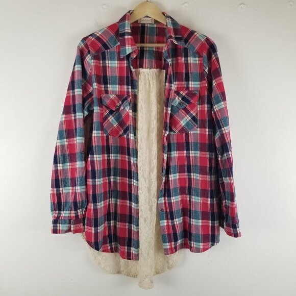 ALTAR'D State‎ Shirt Womens Medium Plaid Flannel Lace Oversized Roll Tab Sleeve - Picture 5 of 10